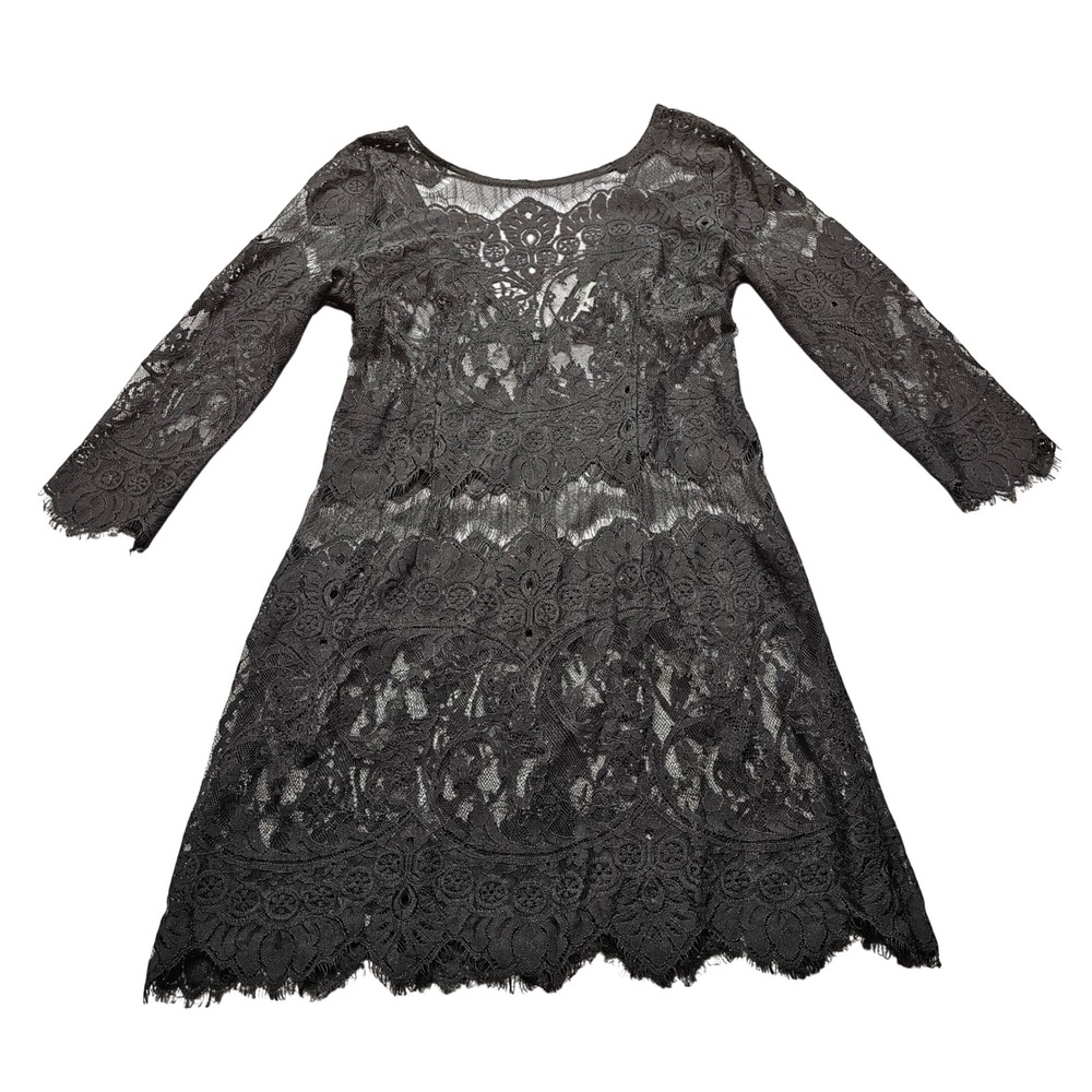 Black Floral Sheer Lace Long Sleeve Mini Dress Eyelash Trim Scoop Neck 5021